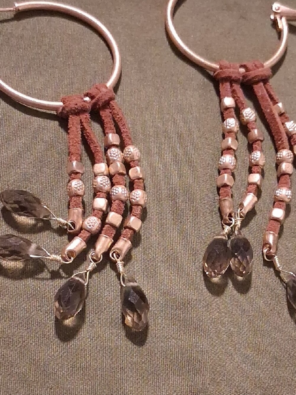 Brown Suede Beaded Hoop Earrings with Smoky Crystal Drops